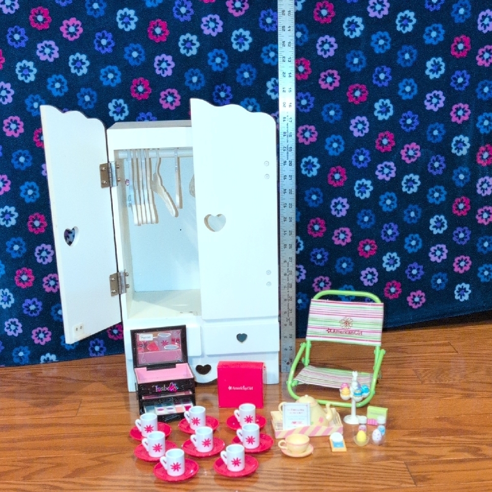 American Girl Doll Dress Up, Wardrobe, Chair, Makeup Set, Tea Set,Etc.